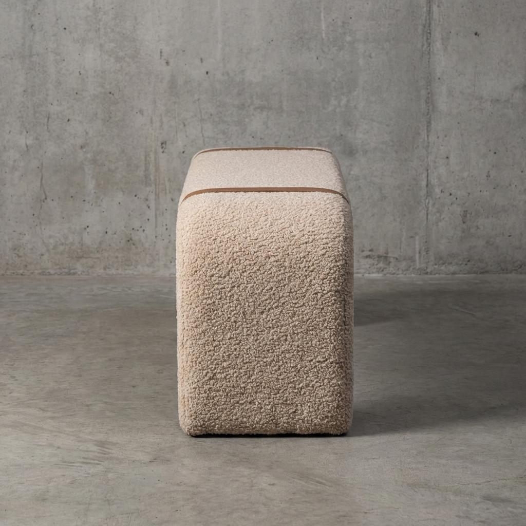 Boucle Upholstered Bench Cotton Seating With Leather Strap Detail