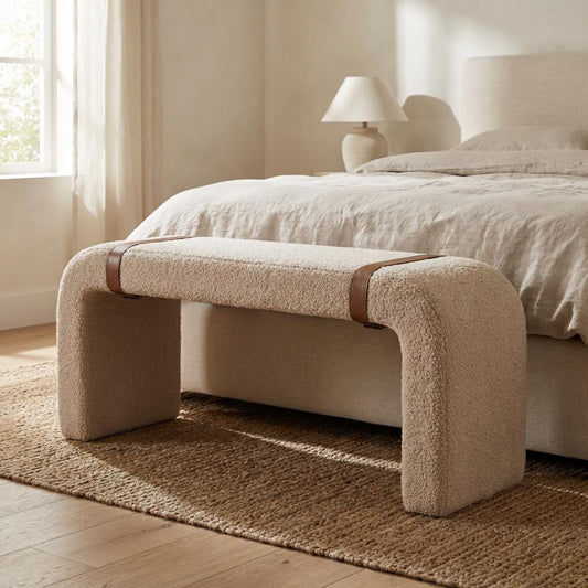 Boucle Upholstered Bench Cotton Seating With Leather Strap Detail