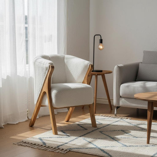 Upholstered Boucle Armchair with Wooden Legs for Indoor Use