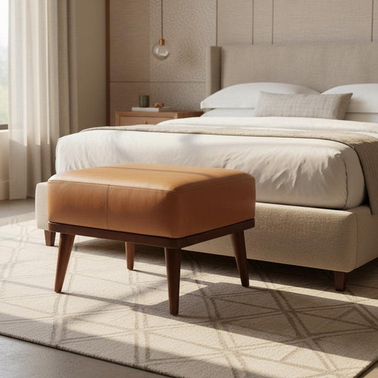 Leather Footstool with Wooden Legs for Indoor Use