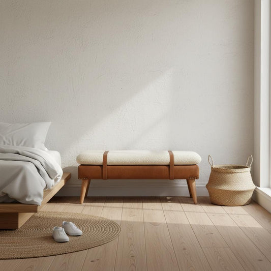 Upholstered Wooden Bench with Leather Straps for Indoor Use