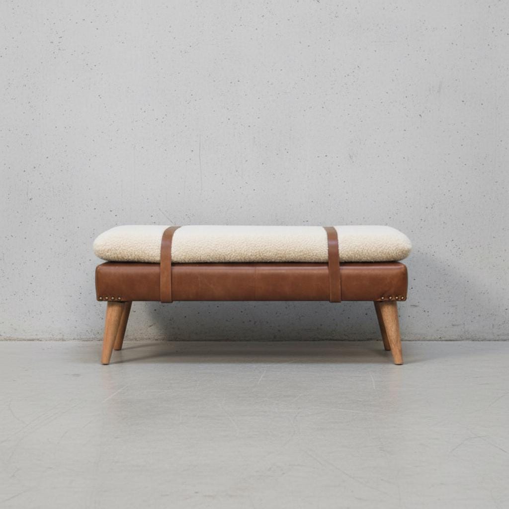 Upholstered Wooden Bench with Leather Straps for Indoor Use