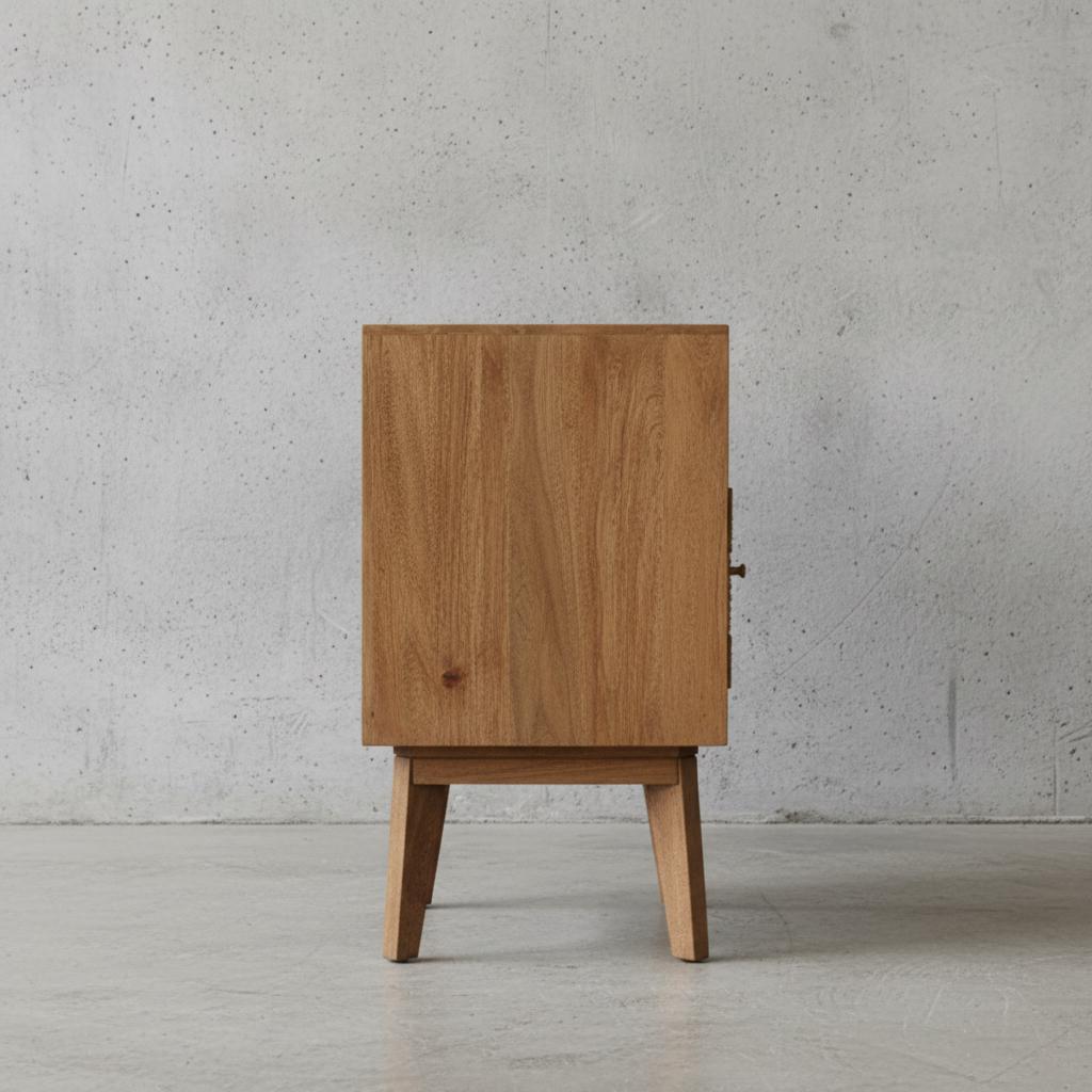 Wooden Bedside Cabinet with Rattan Door and Open Shelf