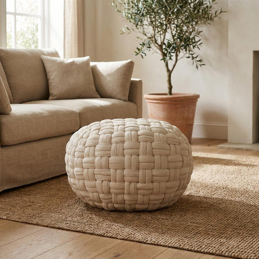 Woven Natural Fiber Pouf for Indoor Seating or Foot Support
