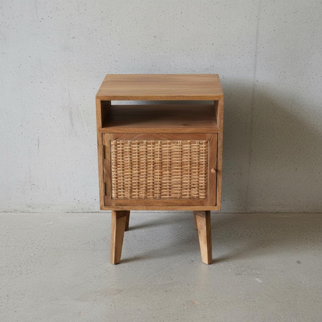 Wooden Bedside Cabinet with Rattan Door and Open Shelf