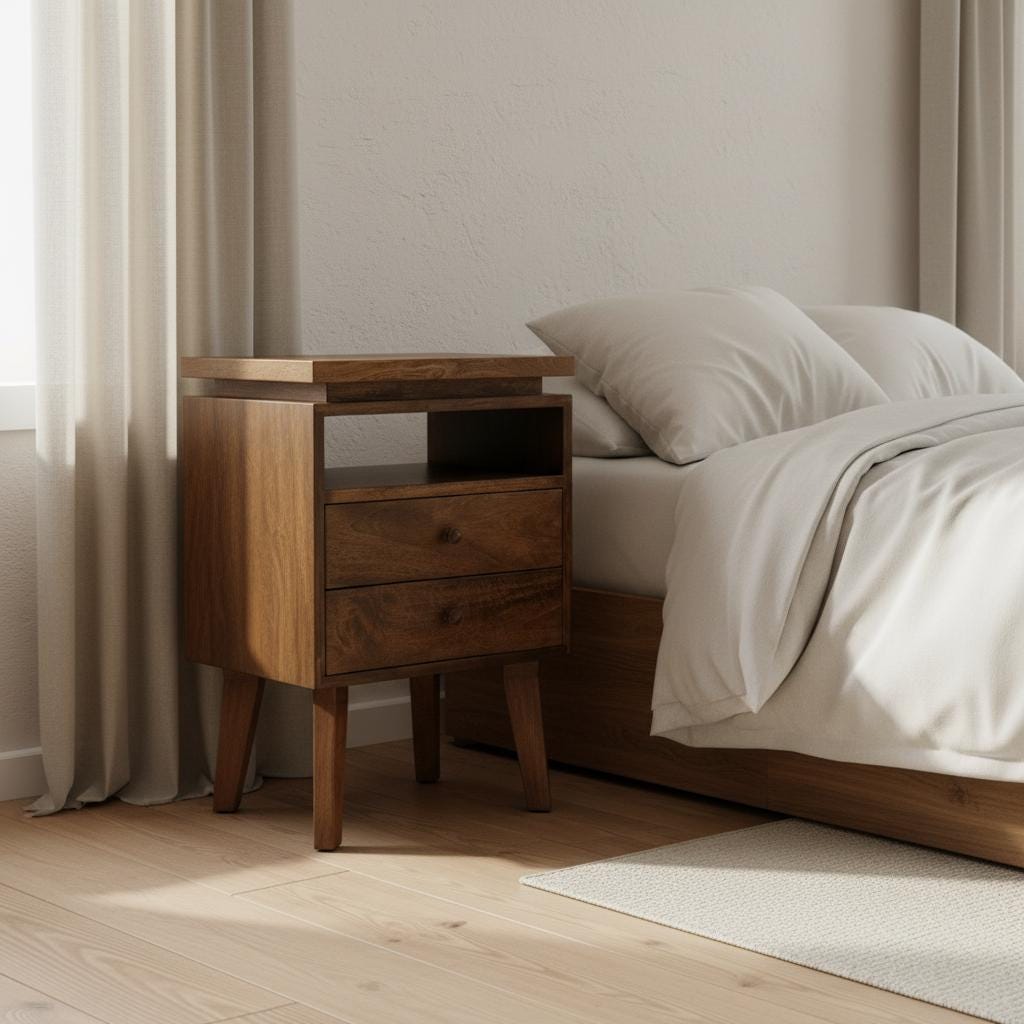 Wooden Bedside Table with Drawer and Open Shelf