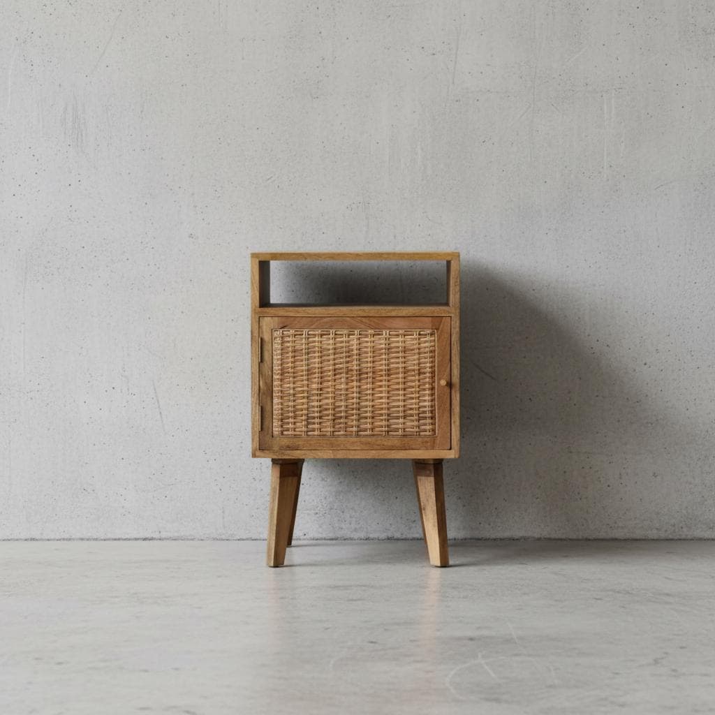 Wooden Bedside Cabinet with Rattan Door and Open Shelf