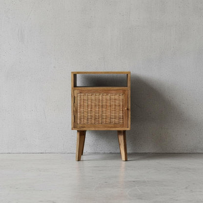 Wooden Bedside Cabinet with Rattan Door and Open Shelf