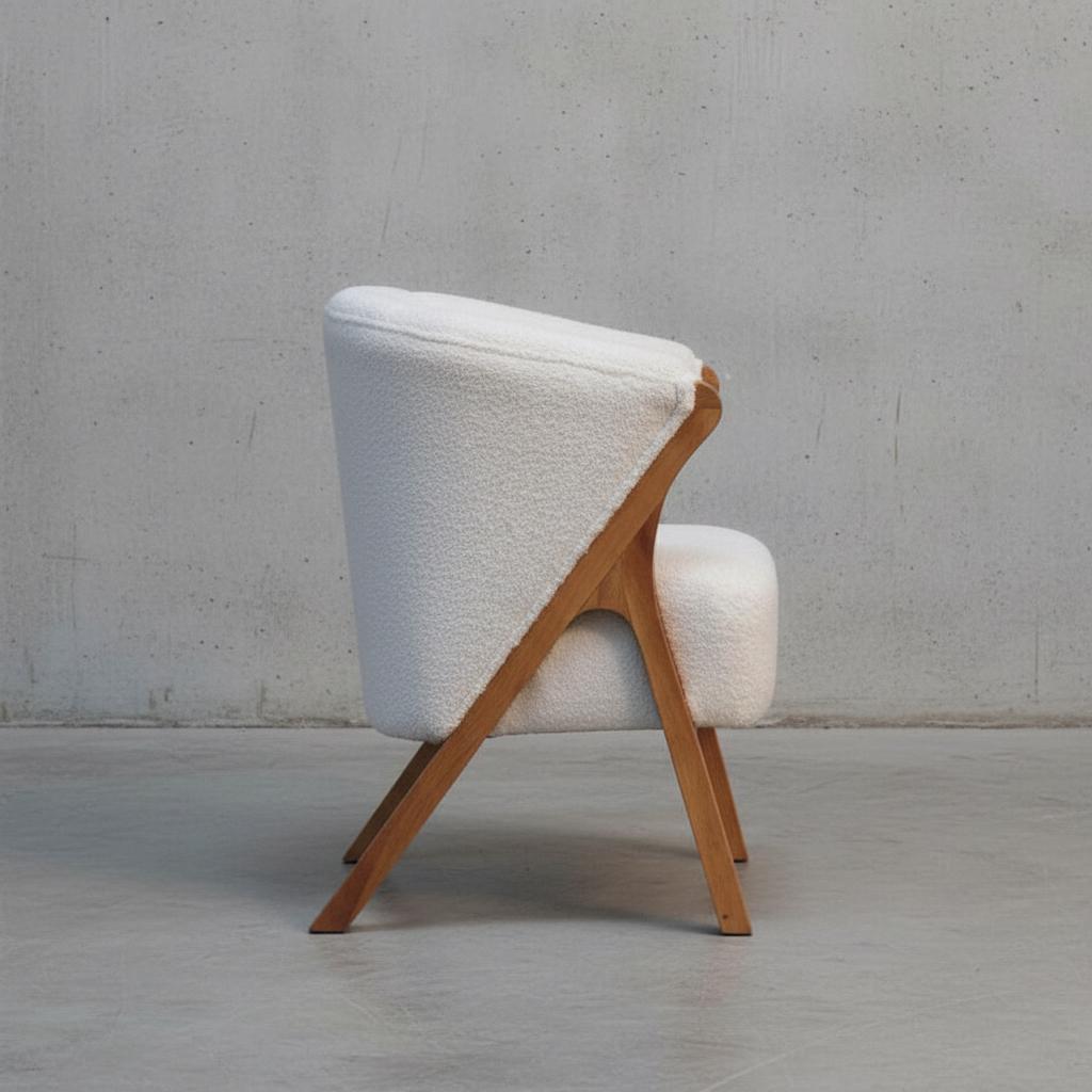 Upholstered Boucle Armchair with Wooden Legs for Indoor Use