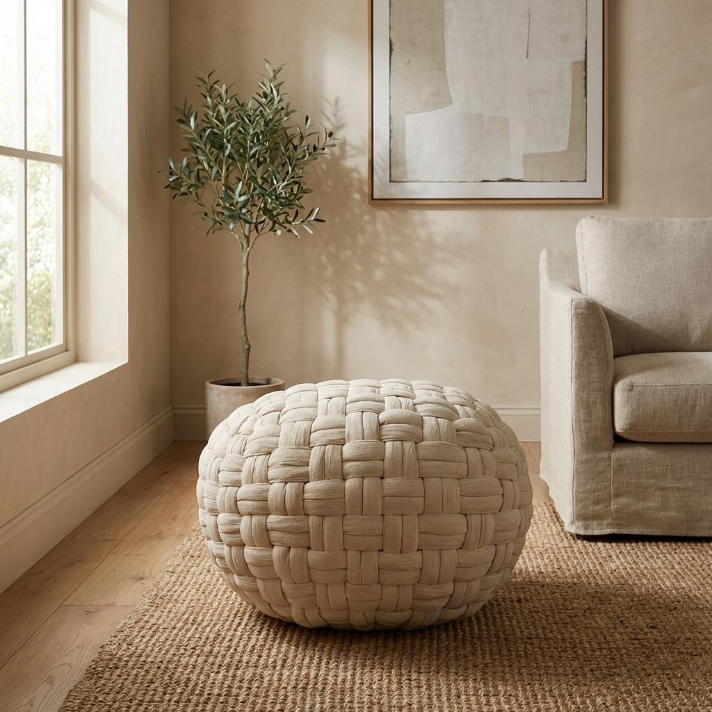 Woven Natural Fiber Pouf for Indoor Seating or Foot Support