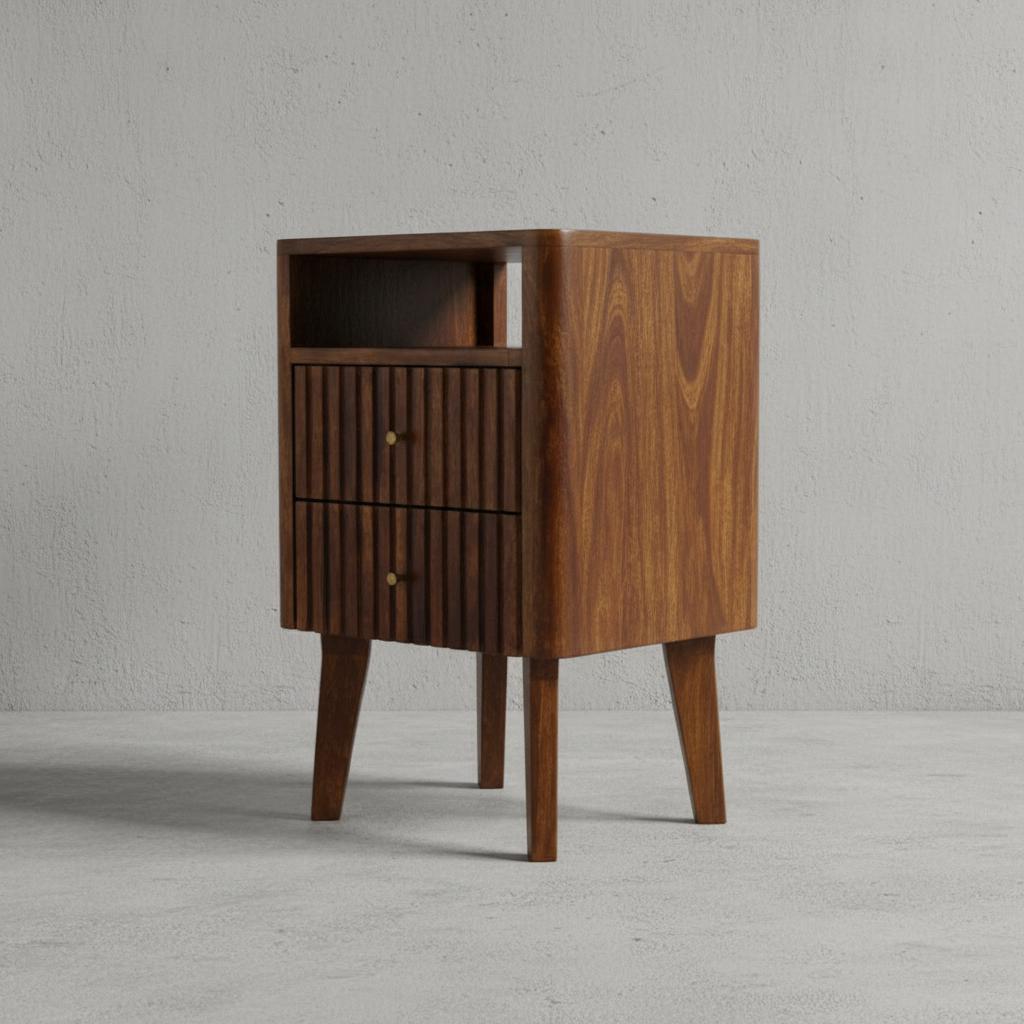 Wooden Bedside Table with Two Drawers and Open Shelf