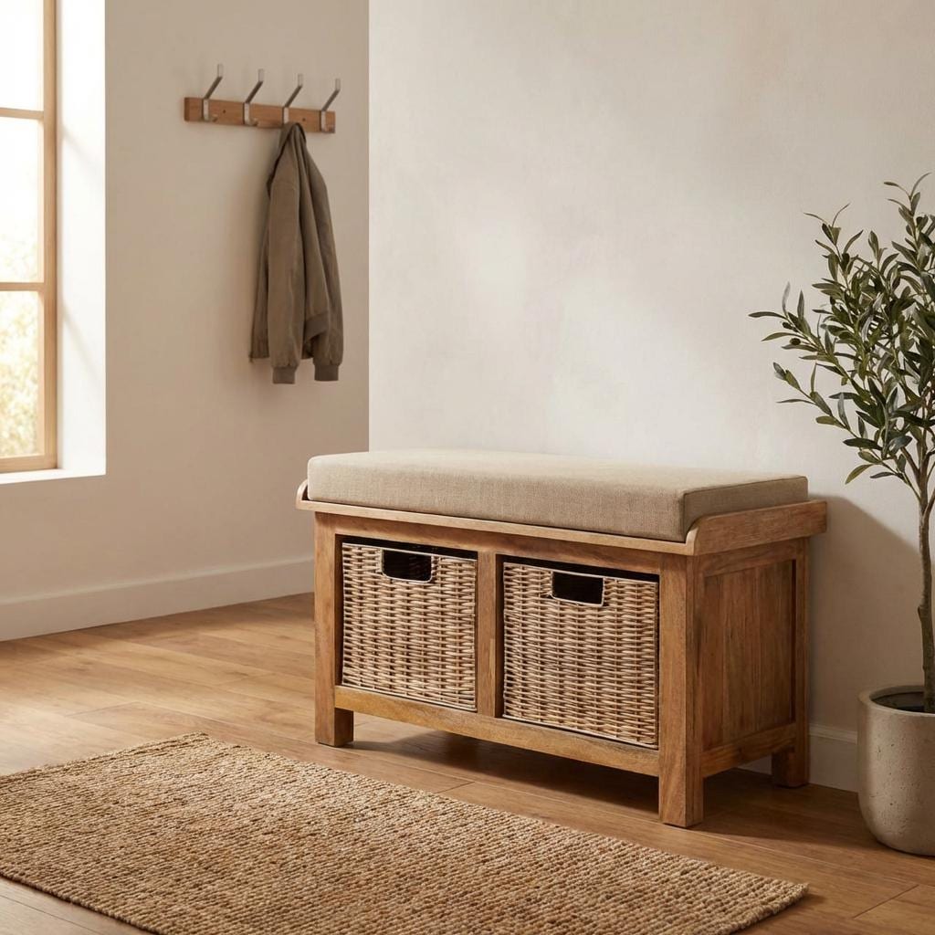 Wooden Storage Bench with Upholstered Seat and Woven Baskets