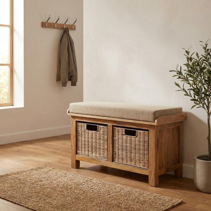 Wooden Storage Bench with Upholstered Seat and Woven Baskets