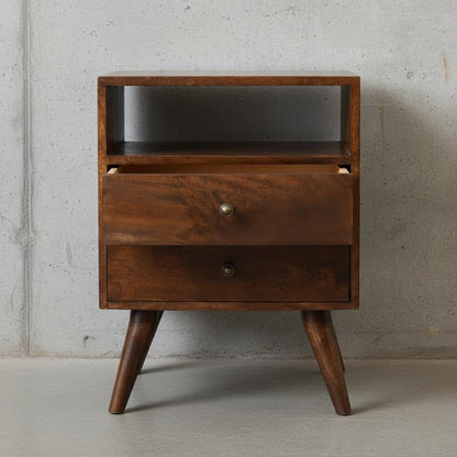 Wooden Bedside Table with Drawer and Open Shelf