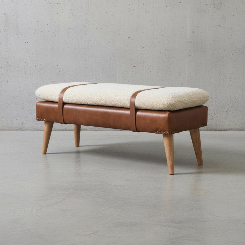 Upholstered Wooden Bench with Leather Straps for Indoor Use