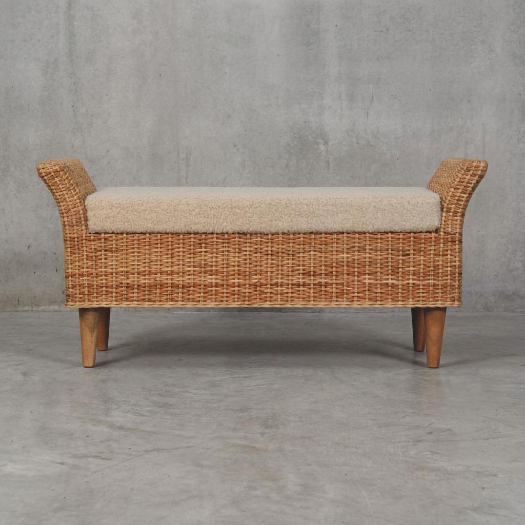 Woven Rattan Bench with Upholstered Seat and Wooden Legs