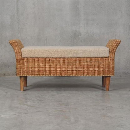 Woven Rattan Bench with Upholstered Seat and Wooden Legs