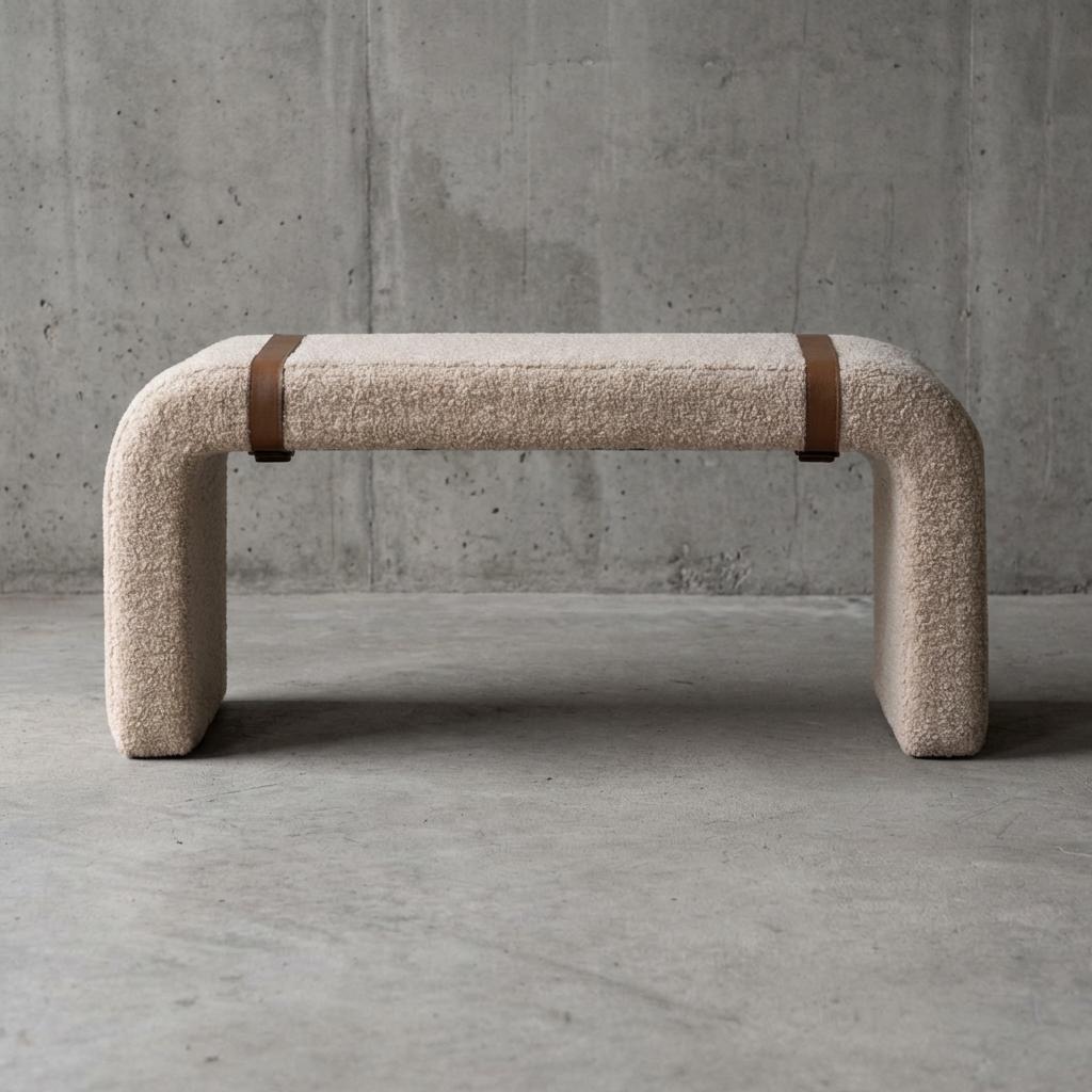 Boucle Upholstered Bench Cotton Seating With Leather Strap Detail