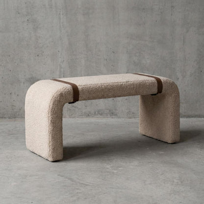 Boucle Upholstered Bench Cotton Seating With Leather Strap Detail