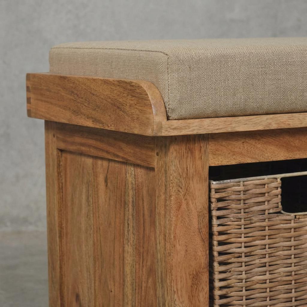 Wooden Storage Bench with Upholstered Seat and Woven Baskets