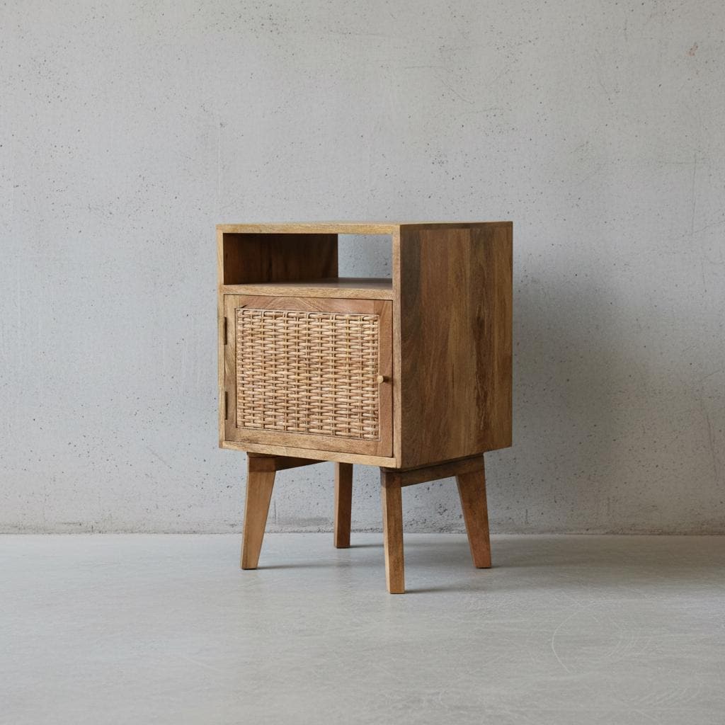 Wooden Bedside Cabinet with Rattan Door and Open Shelf