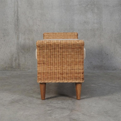 Woven Rattan Bench with Upholstered Seat and Wooden Legs