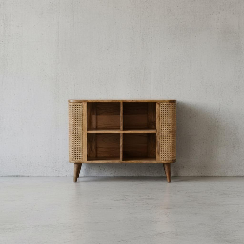 Open Wooden Storage Cabinet with Shelves for Indoor Use