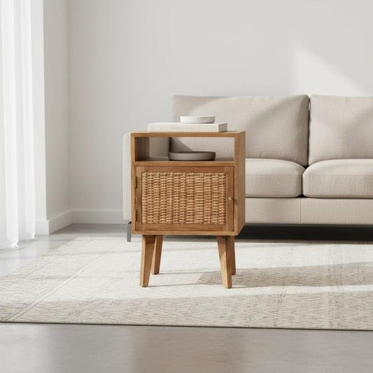 Wooden Bedside Cabinet with Rattan Door and Open Shelf