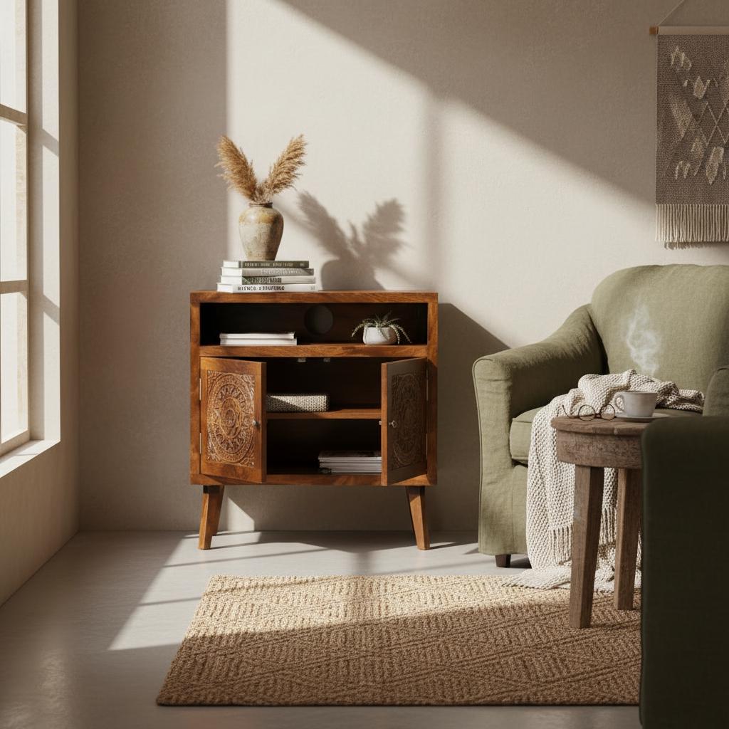 Wooden Storage Cabinet with Open Shelf and Doors