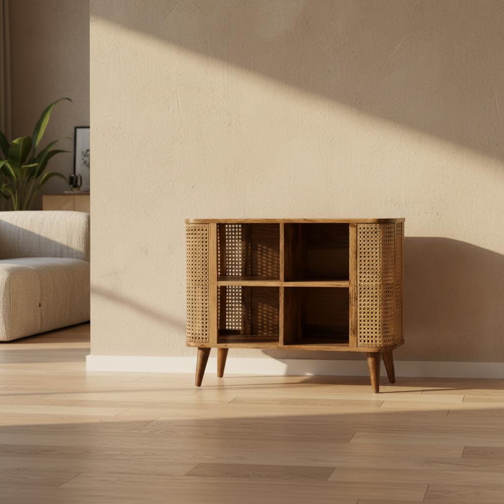 Open Wooden Storage Cabinet with Shelves for Indoor Use