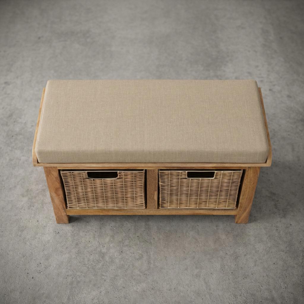 Wooden Storage Bench with Upholstered Seat and Woven Baskets