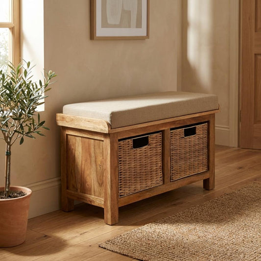 Wooden Storage Bench with Upholstered Seat and Woven Baskets