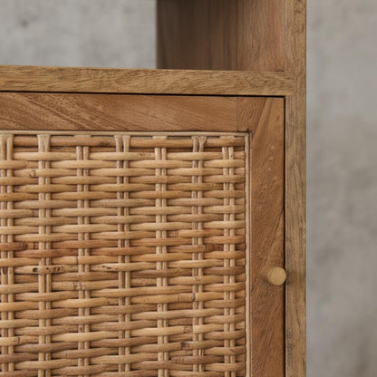 Wooden Bedside Cabinet with Rattan Door and Open Shelf