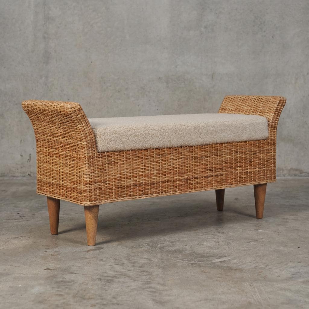 Woven Rattan Bench with Upholstered Seat and Wooden Legs