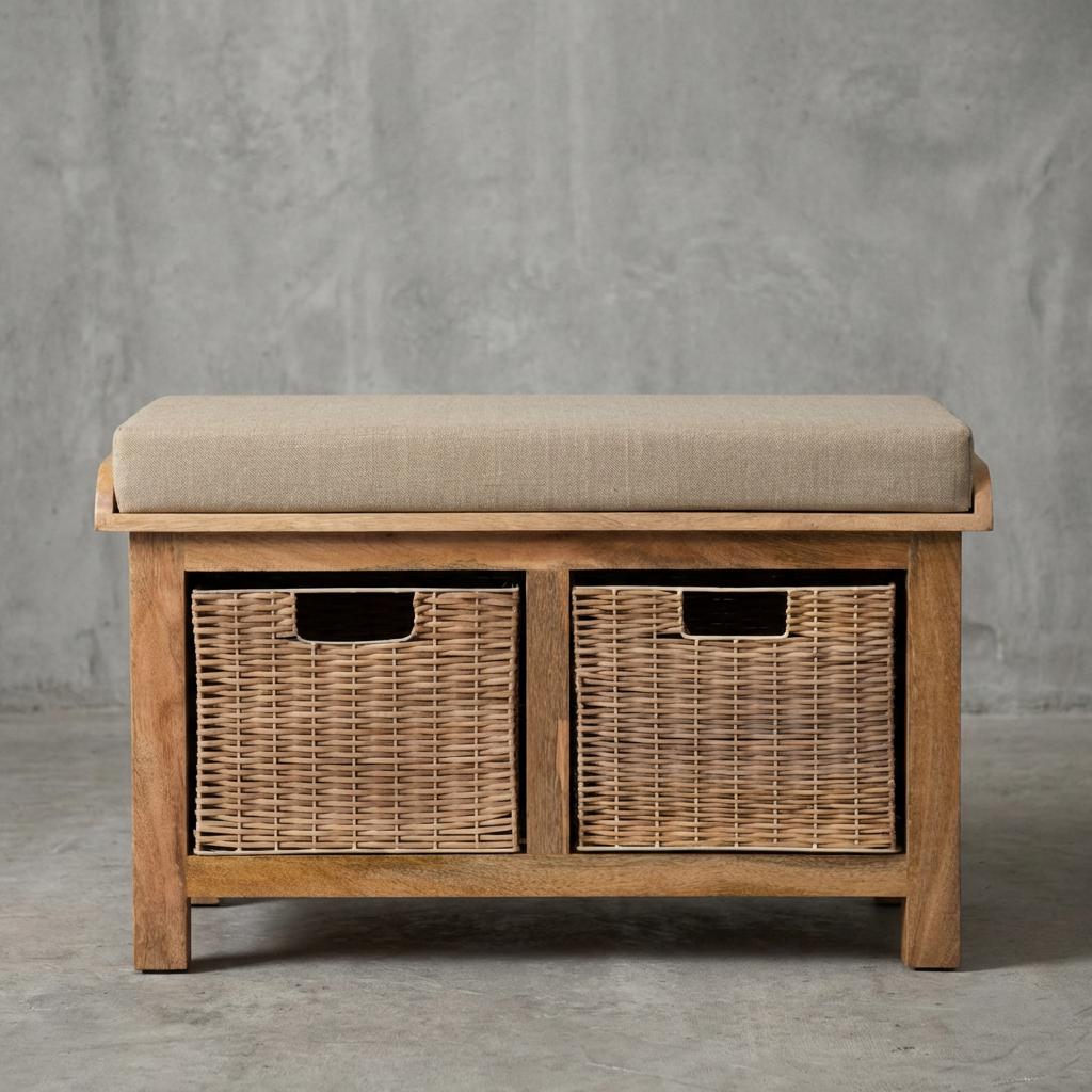 Wooden Storage Bench with Upholstered Seat and Woven Baskets