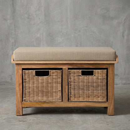 Wooden Storage Bench with Upholstered Seat and Woven Baskets
