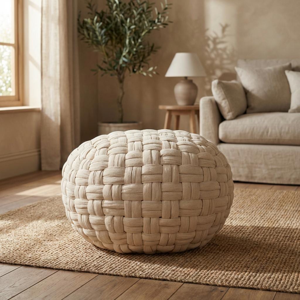Woven Natural Fiber Pouf for Indoor Seating or Foot Support