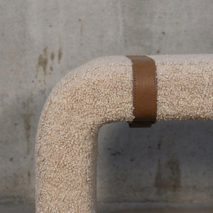 Boucle Upholstered Bench Cotton Seating With Leather Strap Detail
