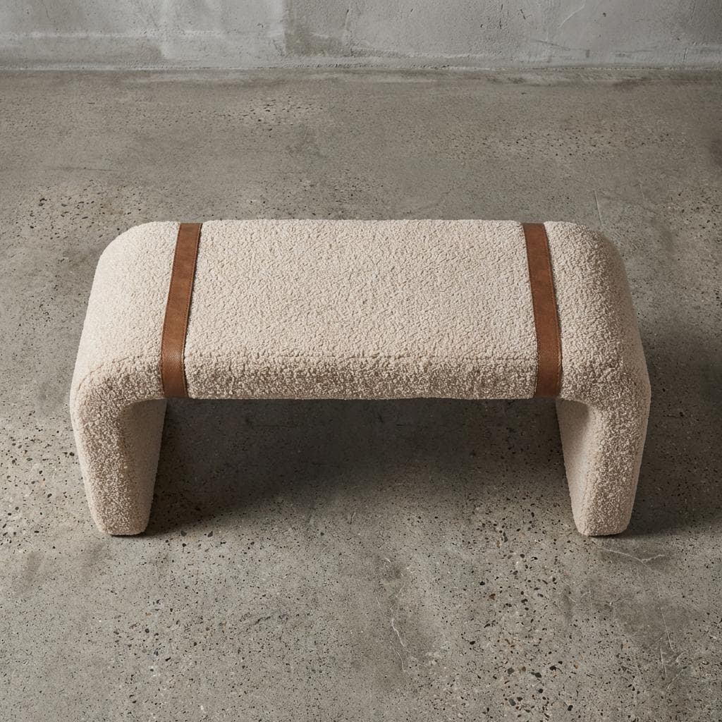 Boucle Upholstered Bench Cotton Seating With Leather Strap Detail