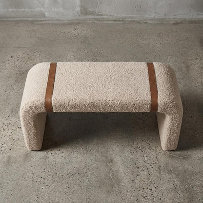 Boucle Upholstered Bench Cotton Seating With Leather Strap Detail
