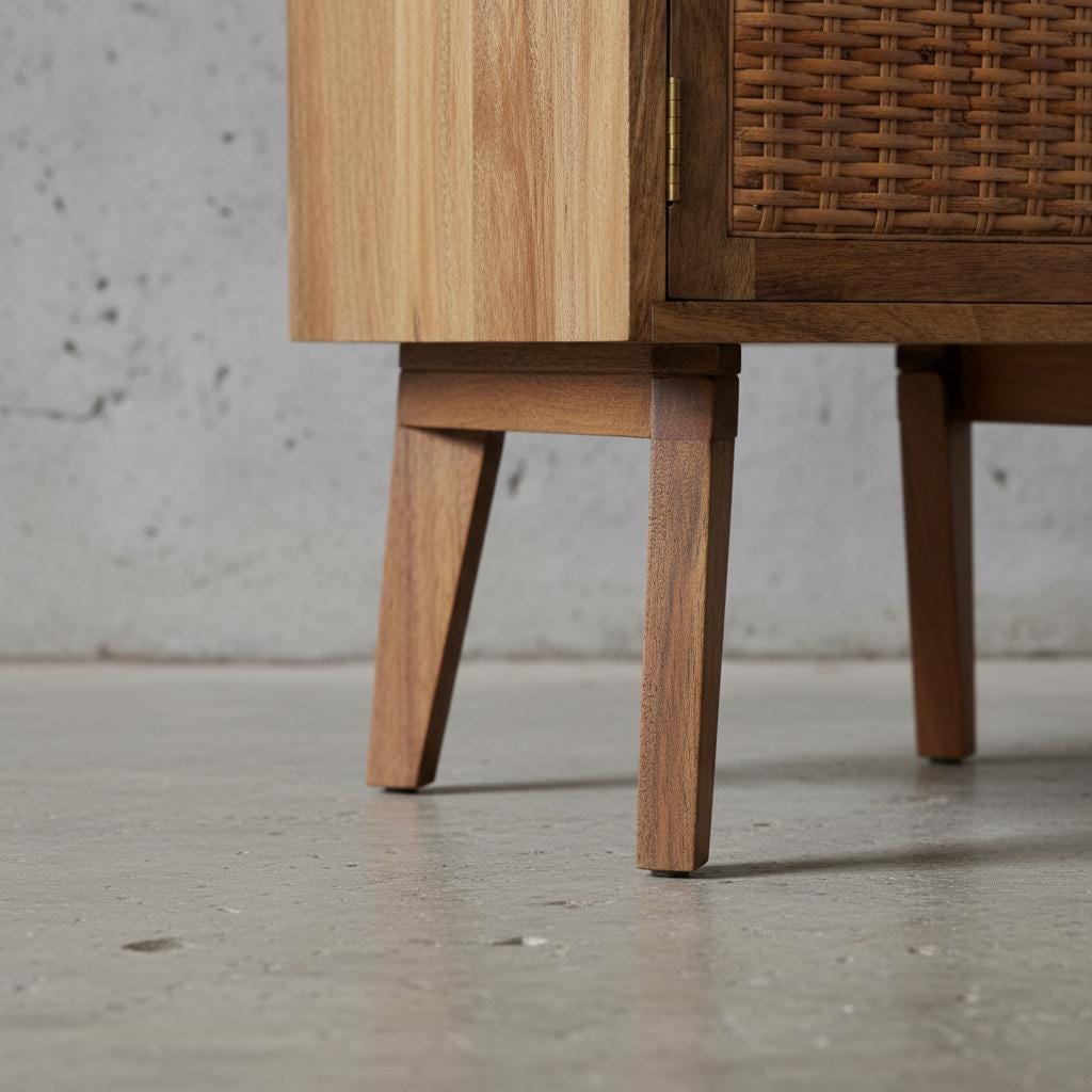 Wooden Bedside Cabinet with Rattan Door and Open Shelf