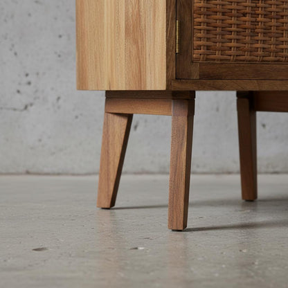Wooden Bedside Cabinet with Rattan Door and Open Shelf