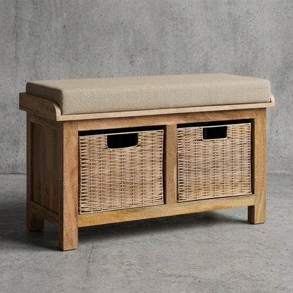 Wooden Storage Bench with Upholstered Seat and Woven Baskets
