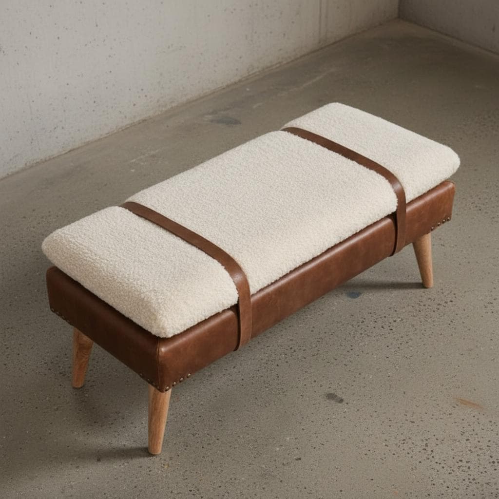 Upholstered Wooden Bench with Leather Straps for Indoor Use