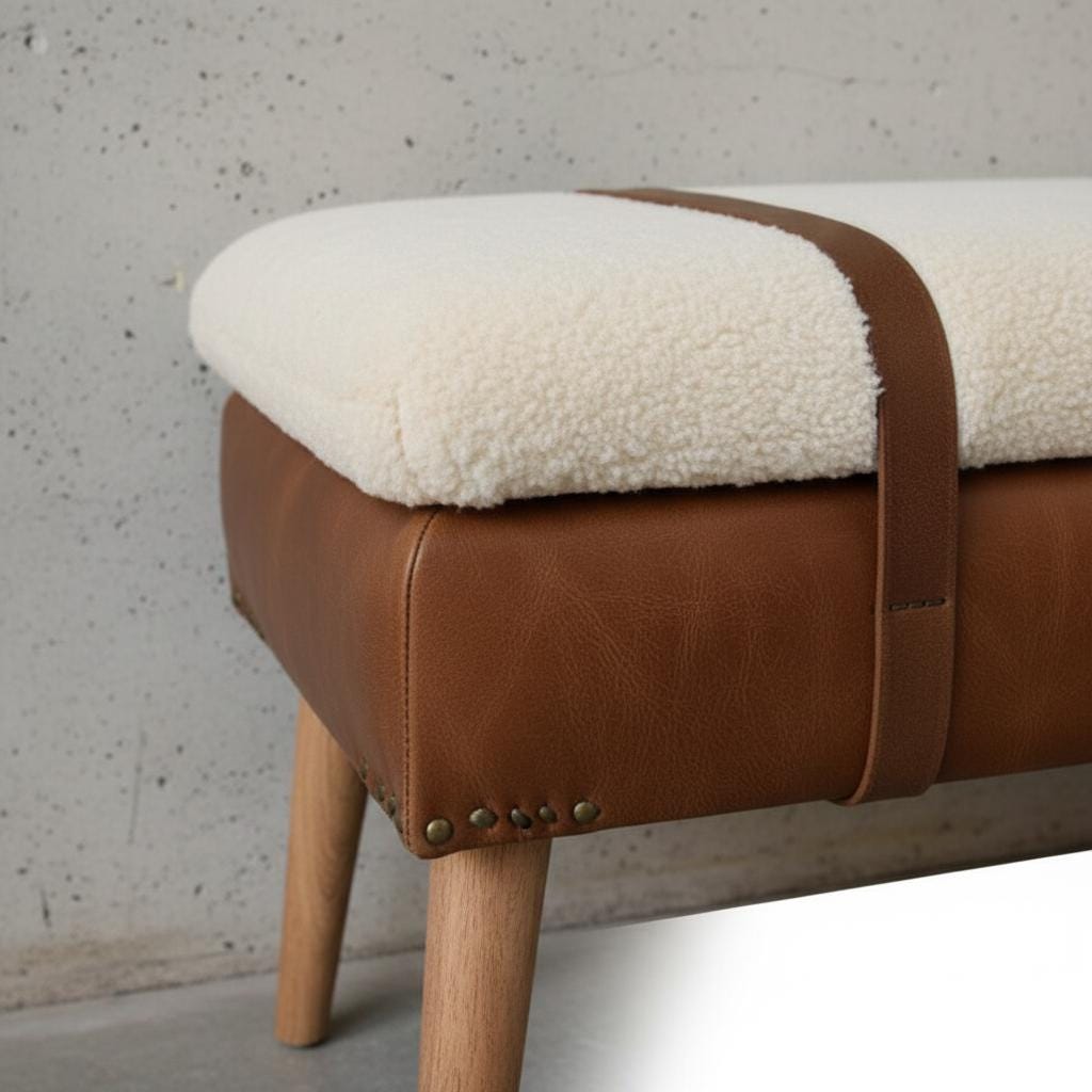 Upholstered Wooden Bench with Leather Straps for Indoor Use