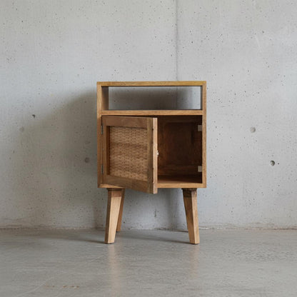 Wooden Bedside Cabinet with Rattan Door and Open Shelf