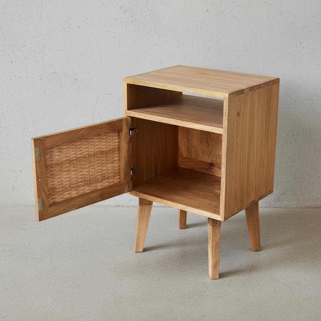 Wooden Bedside Cabinet with Rattan Door and Open Shelf