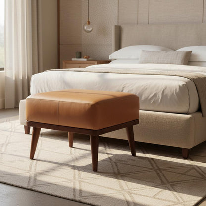 Leather Footstool with Wooden Legs for Indoor Use