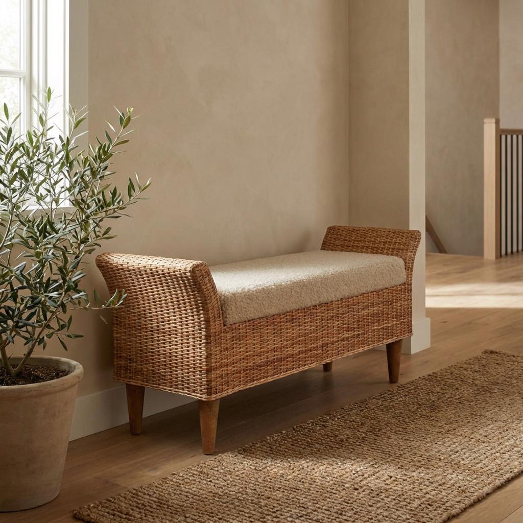 Woven Rattan Bench with Upholstered Seat and Wooden Legs