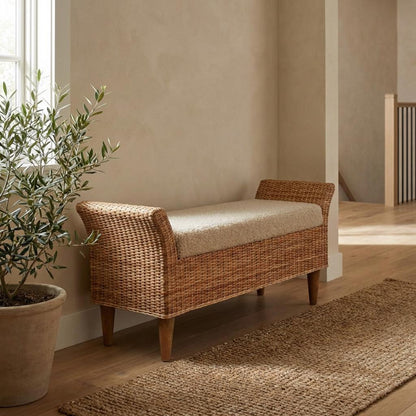 Woven Rattan Bench with Upholstered Seat and Wooden Legs